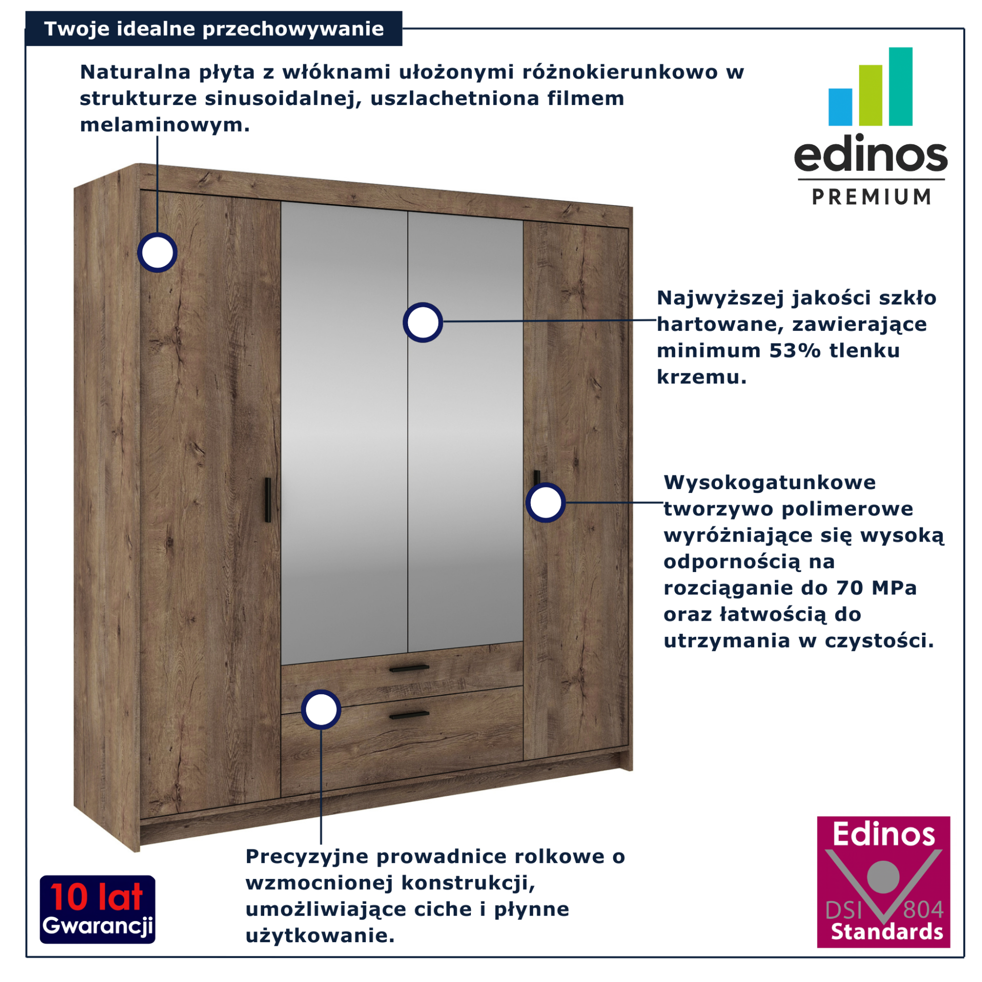 Szafa czterodrzwiowa z lustrem Parioni 11X dąb lefkas