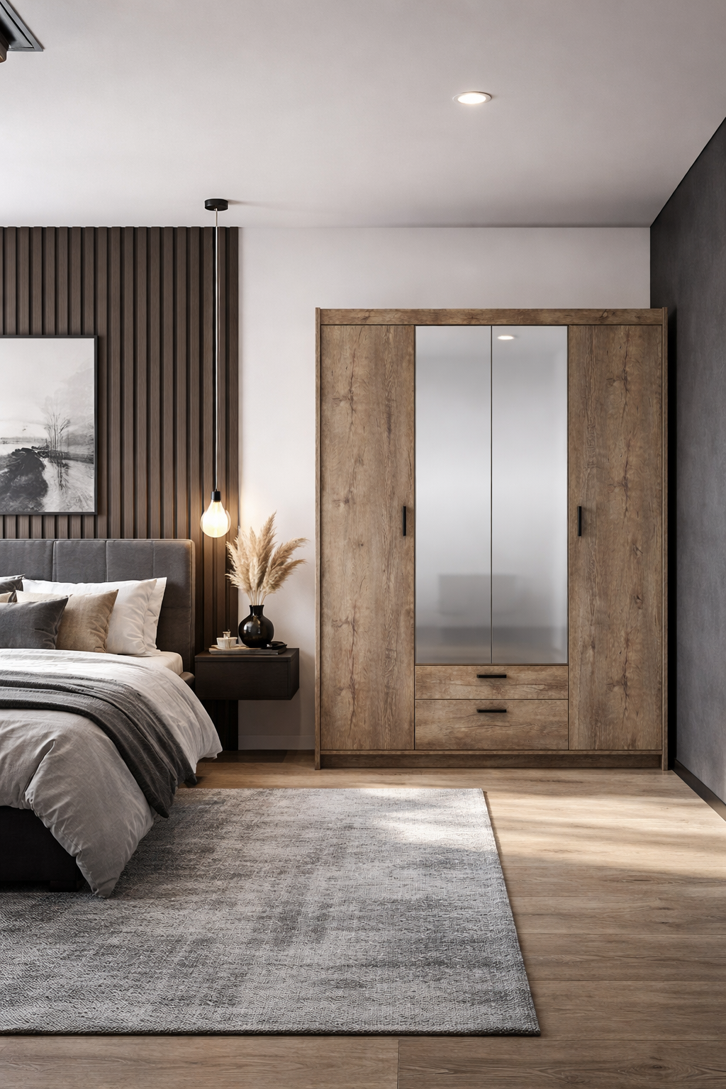 Aranżacja wnętrza szafą z lustrem Parioni 11X dąb lefkas