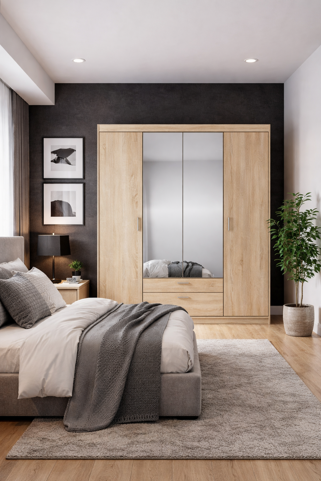 Aranżacja wnętrza szafą z lustrem Parioni 11X dąb sonoma