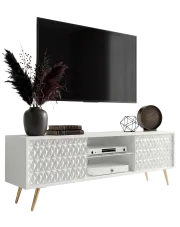 Biała ryflowana szafka RTV na złotych nóżkach 135 cm - Riwiso 3X w sklepie Edinos.pl