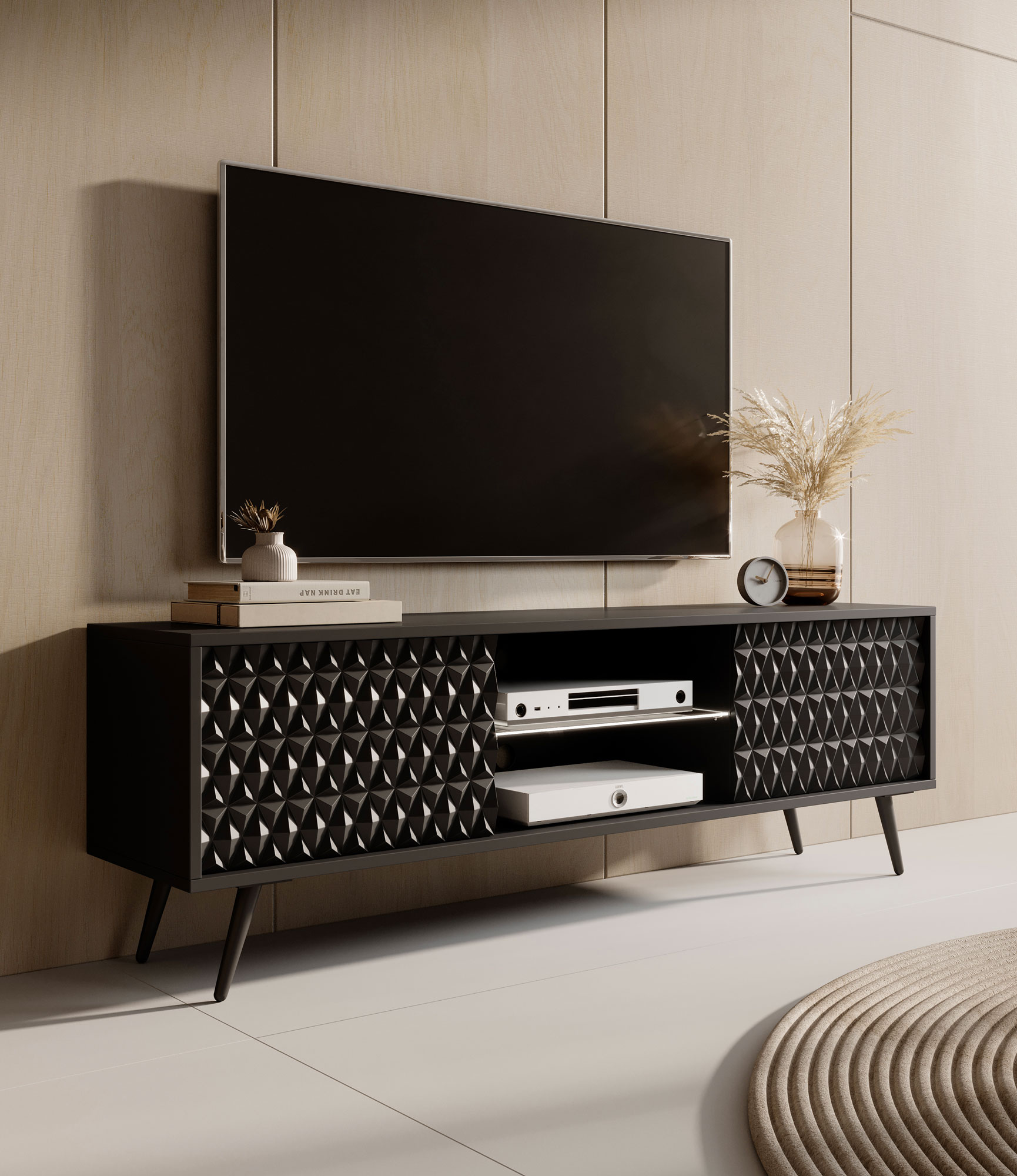 Przykładowa aranżacja z szafką RTV na nóżkach Riwiso 3X czarna