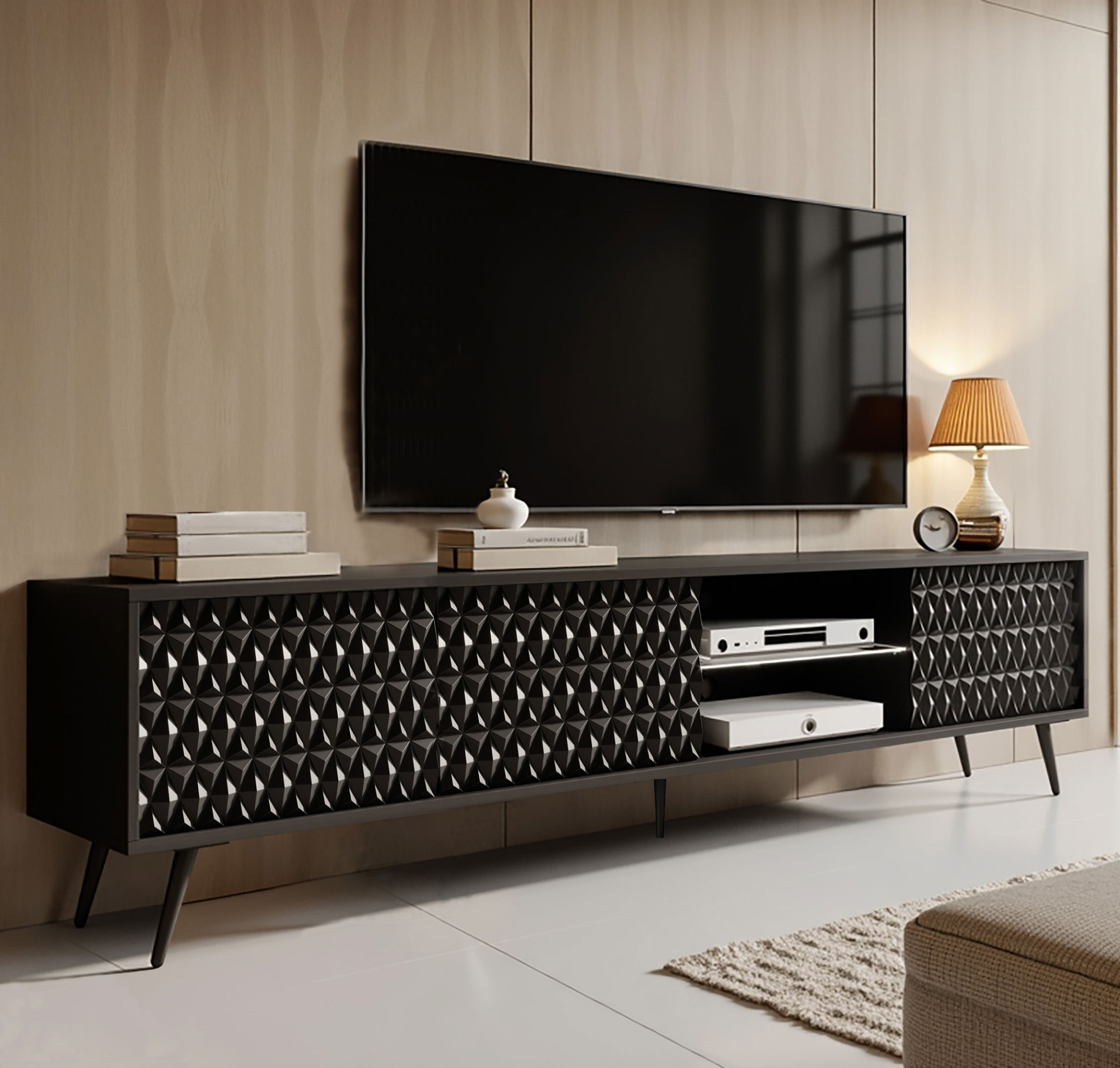 Przykładowa aranżacja z szafką RTV na nóżkach Riwiso 4X czarna