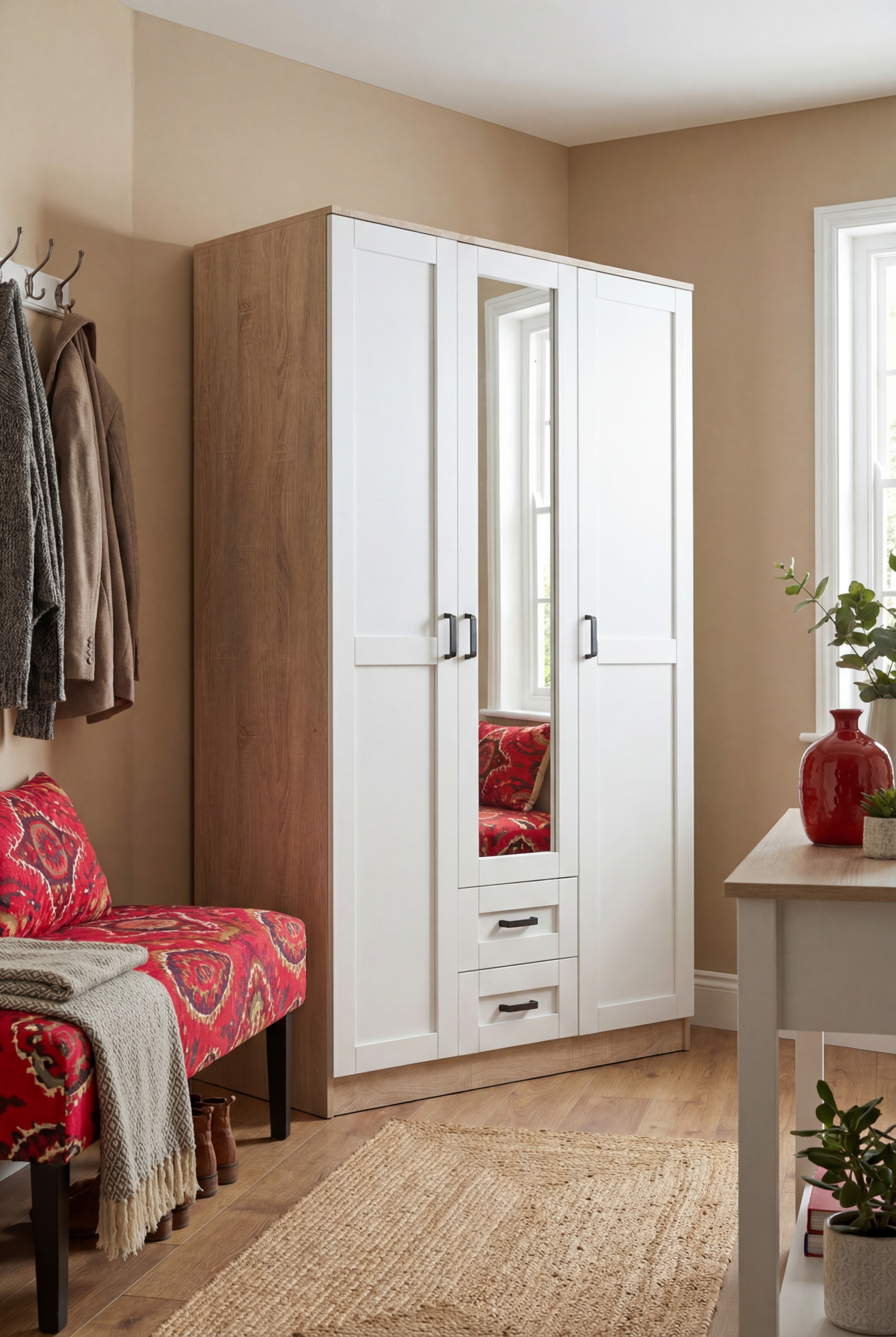 Aranżacja sypialni z wykorzystaniem szafy Lorenix dąb sonoma + biały