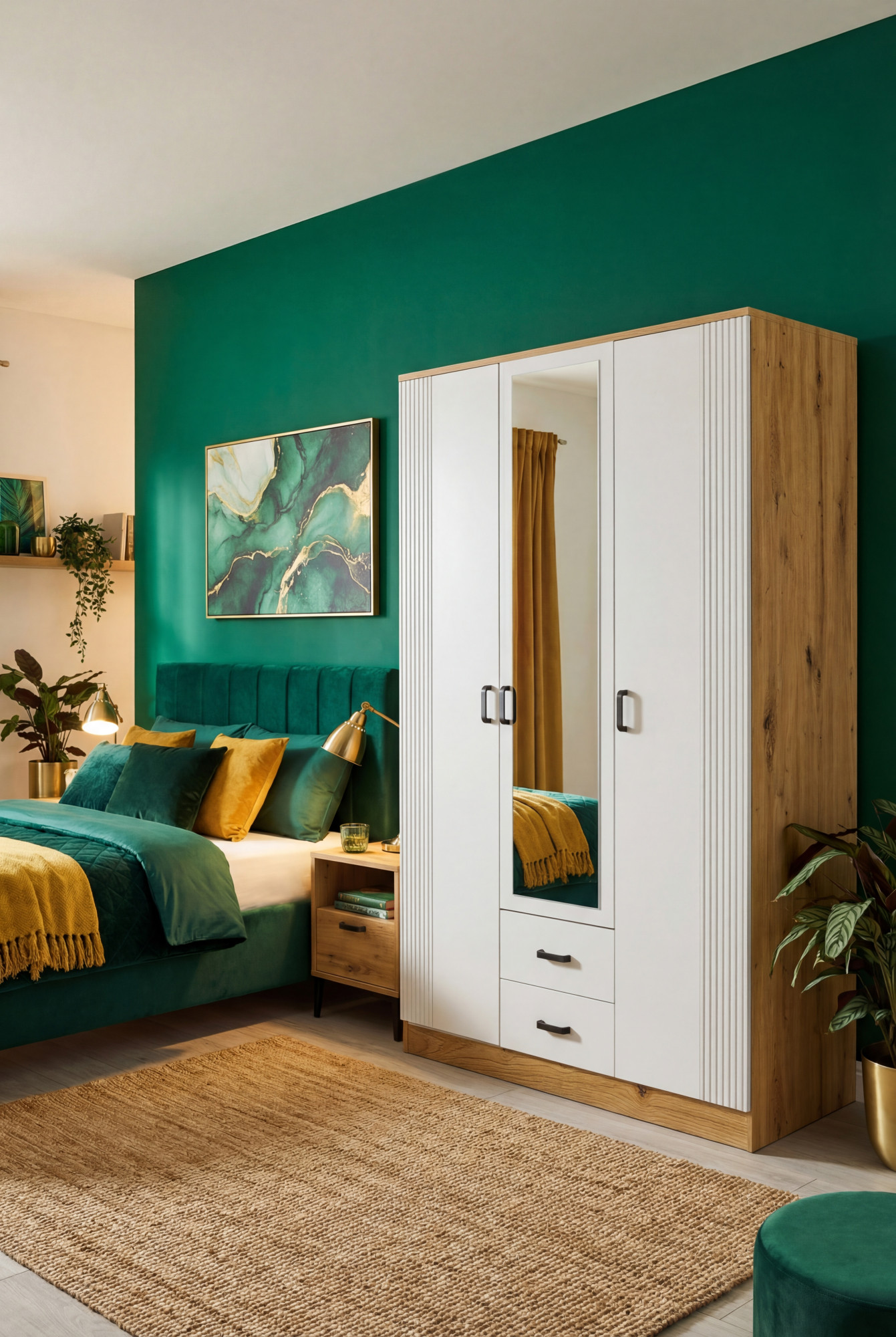 Aranżacja sypialni z wykorzystaniem szafy Lorenix dab artisan bialy