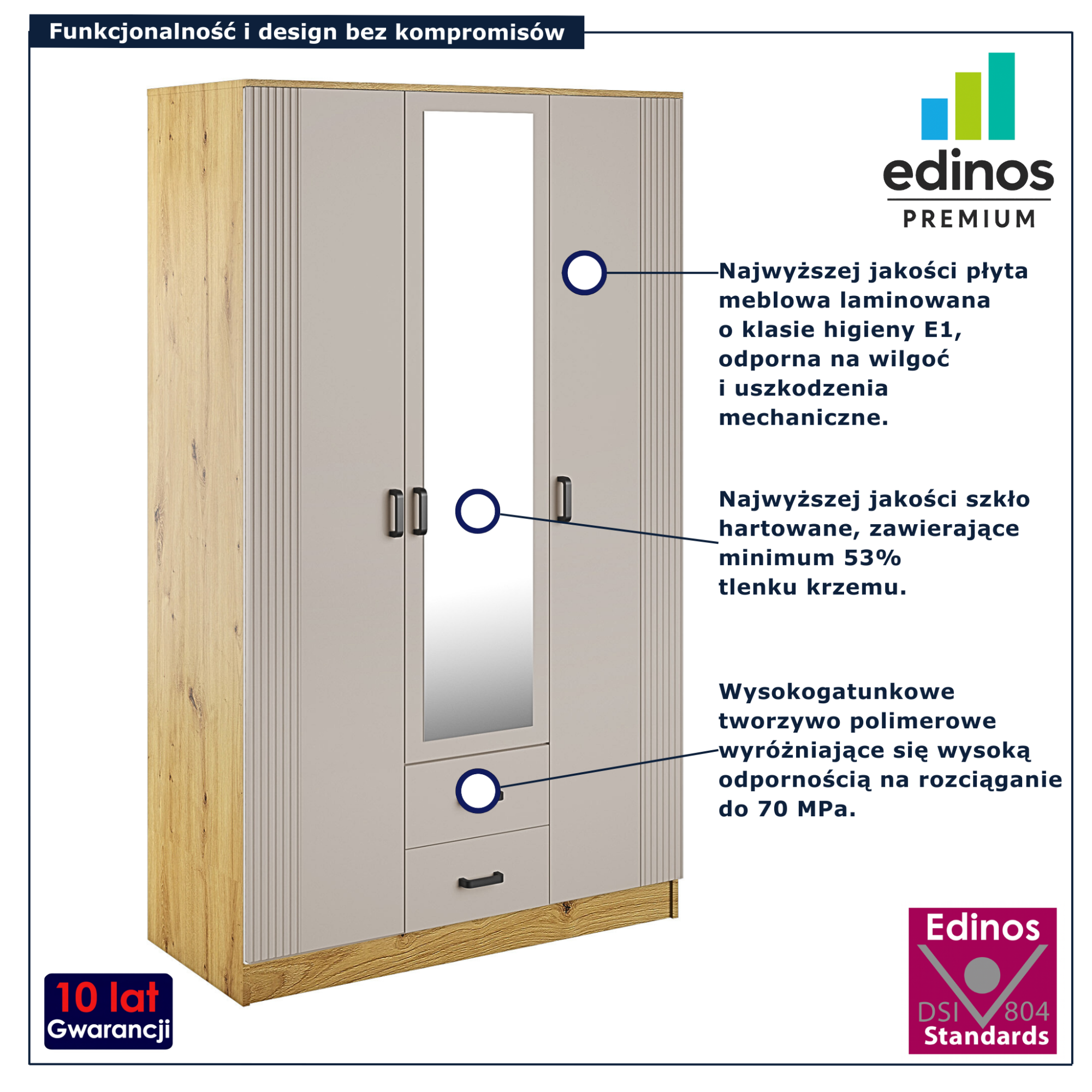 Szafa trzydrzwiowa z szufladami Elviona dąb artisan kaszmir