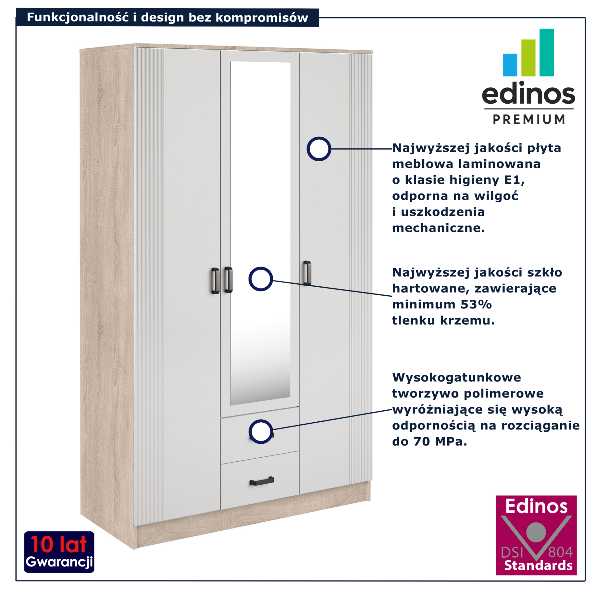 Szafa trzydrzwiowa z szufladami Elviona dąb sonoma kaszmir