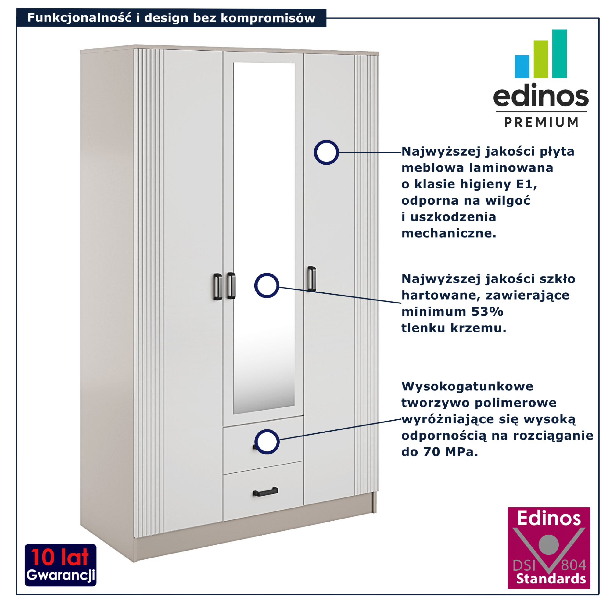 Szafa trzydrzwiowa z szufladami Elviona kaszmir + biały