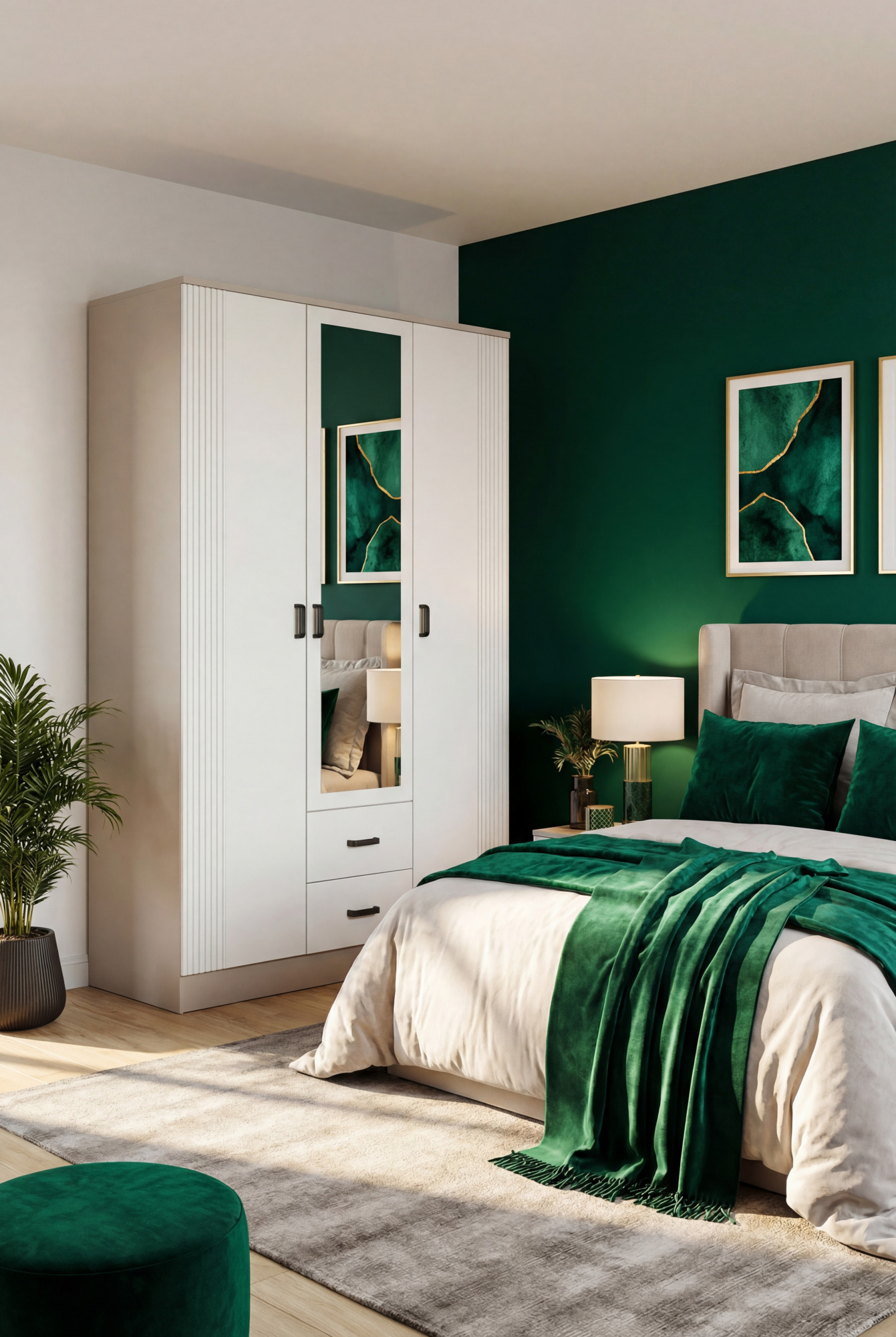 Aranżacja sypialni z wykorzystaniem szafy Elviona kaszmir + biały