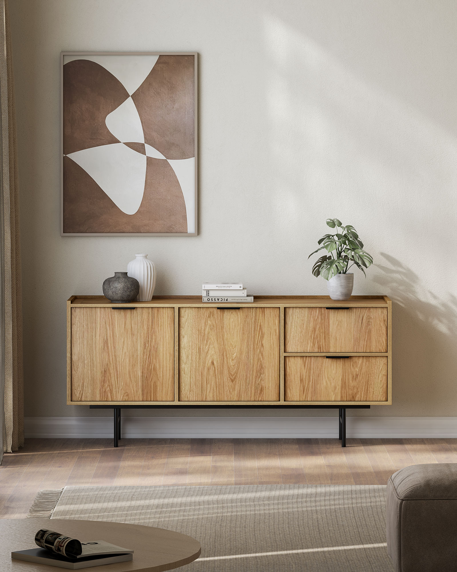 Przykładowa aranżacja z wykorzystaniem komody Herioz 5X hikora naturalna