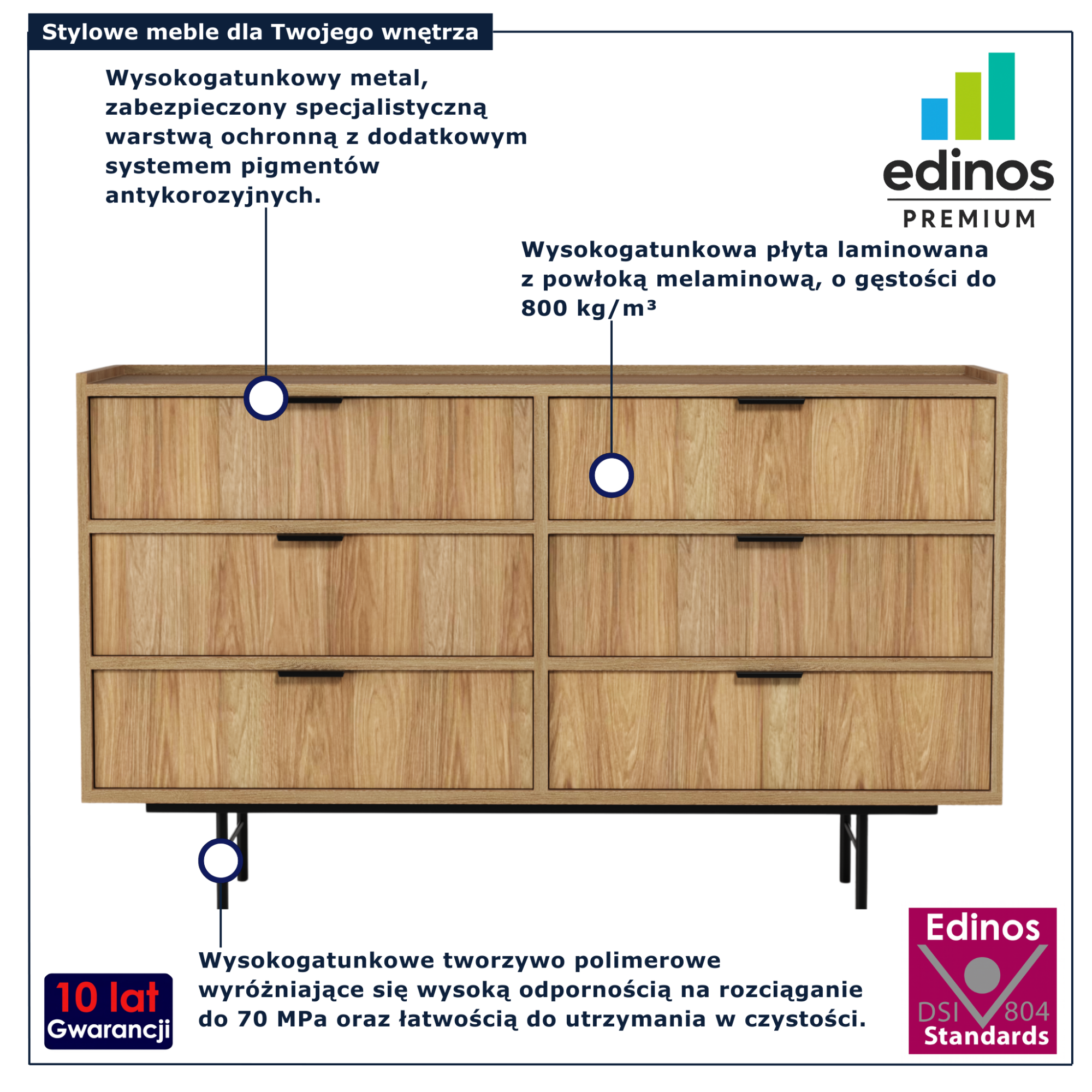 Komoda z 6 szufladami na ubrania Herioz 6X hikora naturalna