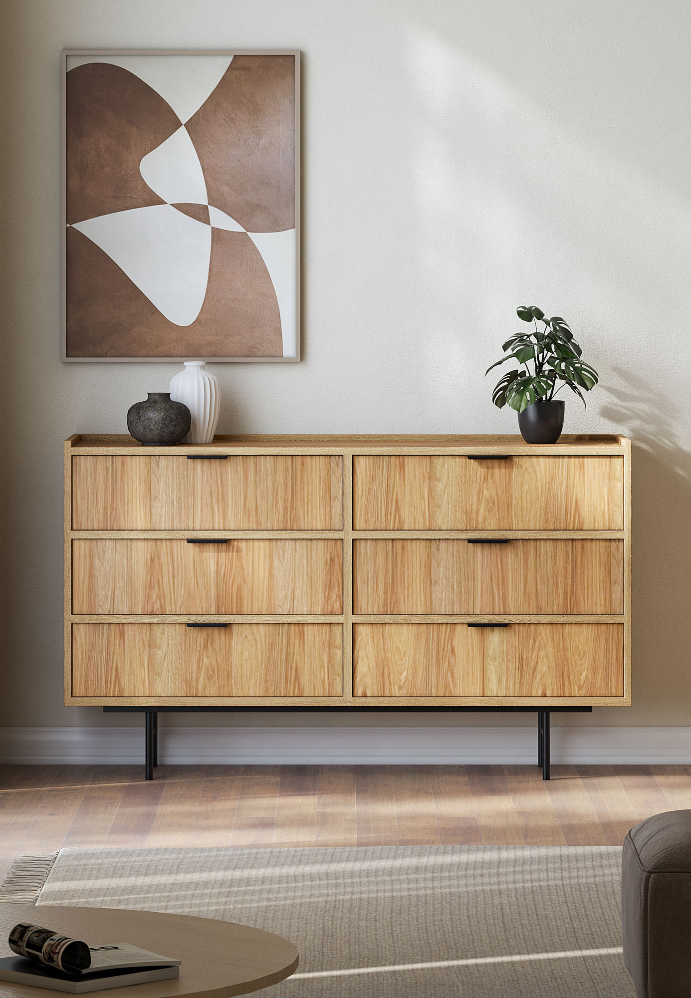 Wnętrze z wykorzystaniem komody Herioz 6X hikora naturalna