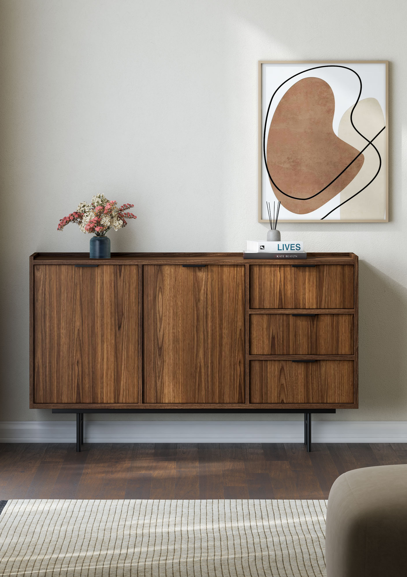 Wnętrze z wykorzystaniem komody Herioz 7X orzech warmia