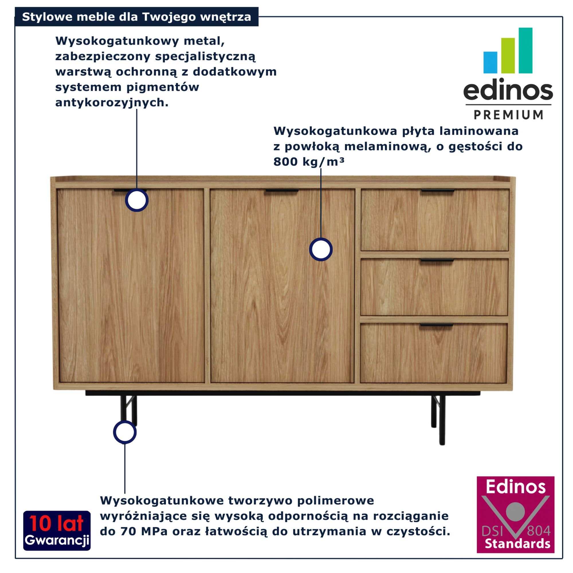 Komoda z 3 szufladami i szafką Herioz 7X hikora naturalna