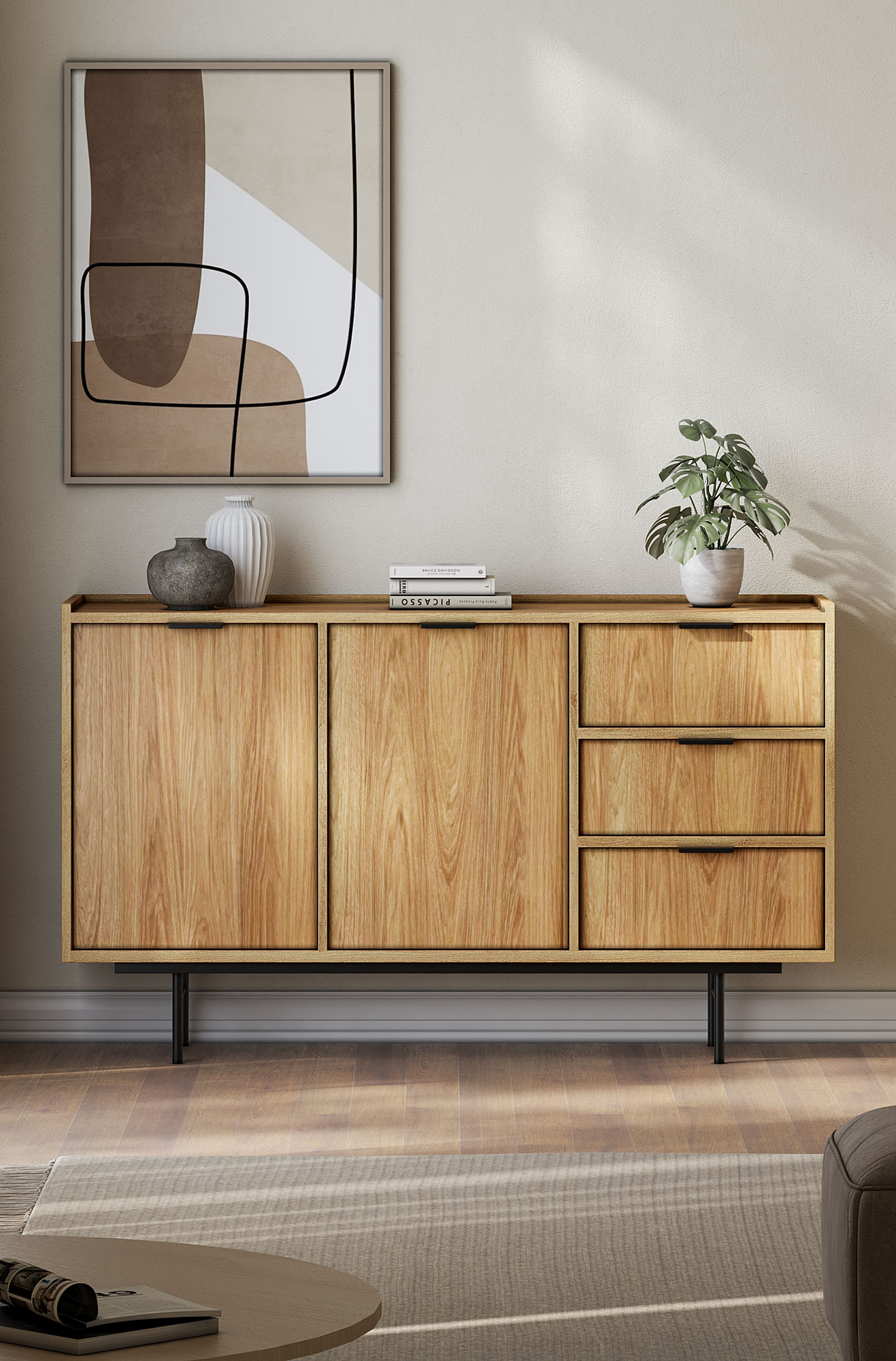 Aranżacja z wykorzystaniem komody Herioz 7X hikora naturalna