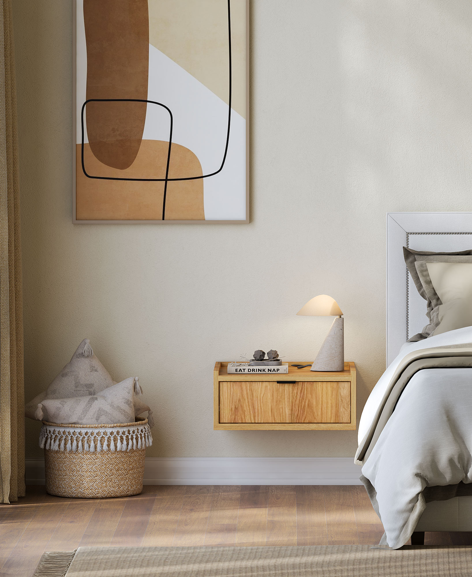 Sypialnia z szafką nocną z szufladą wiszącą Herioz 8X hikora naturalna