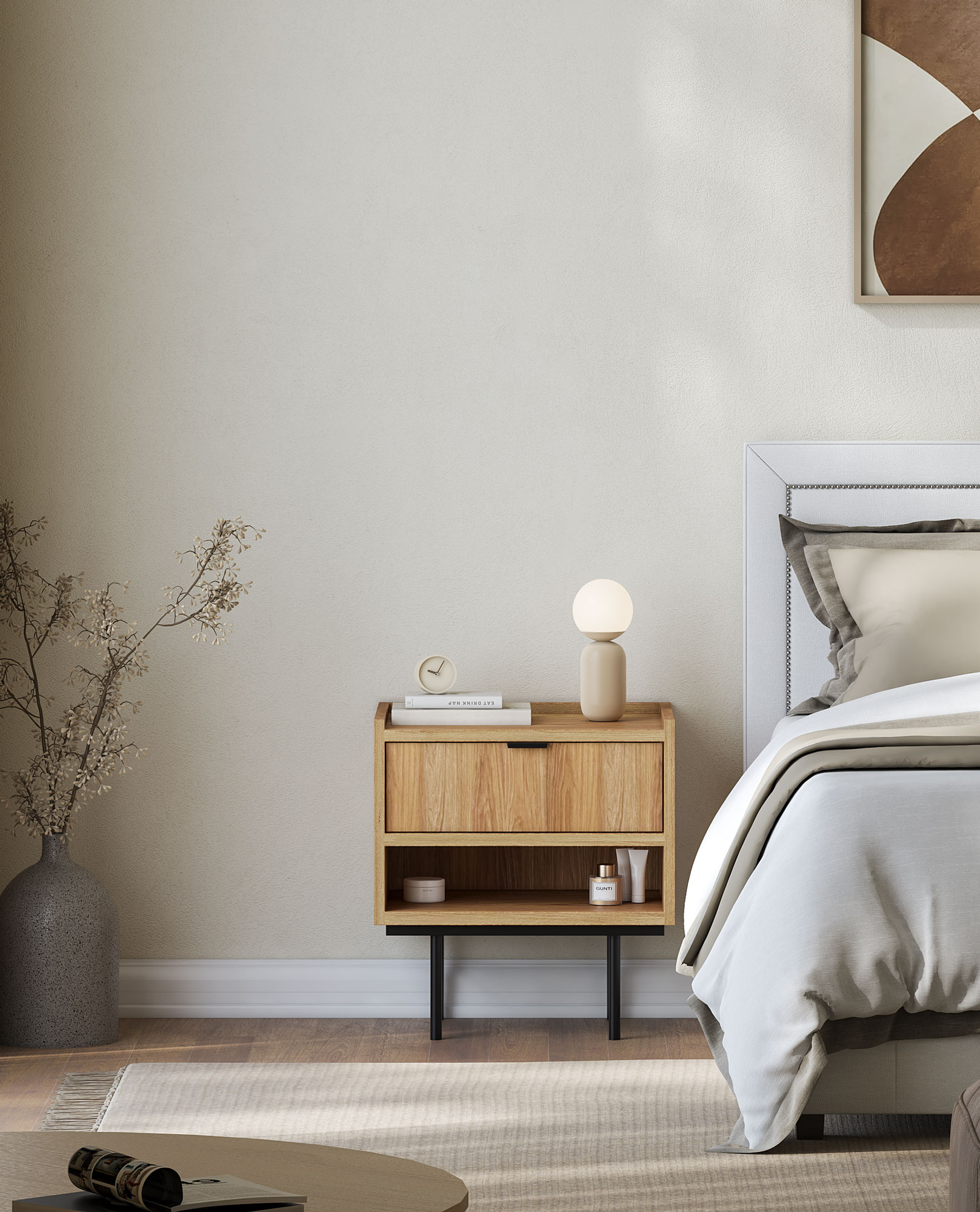 Sypialnia z szafką nocną loft Herioz 9X hikora naturalna