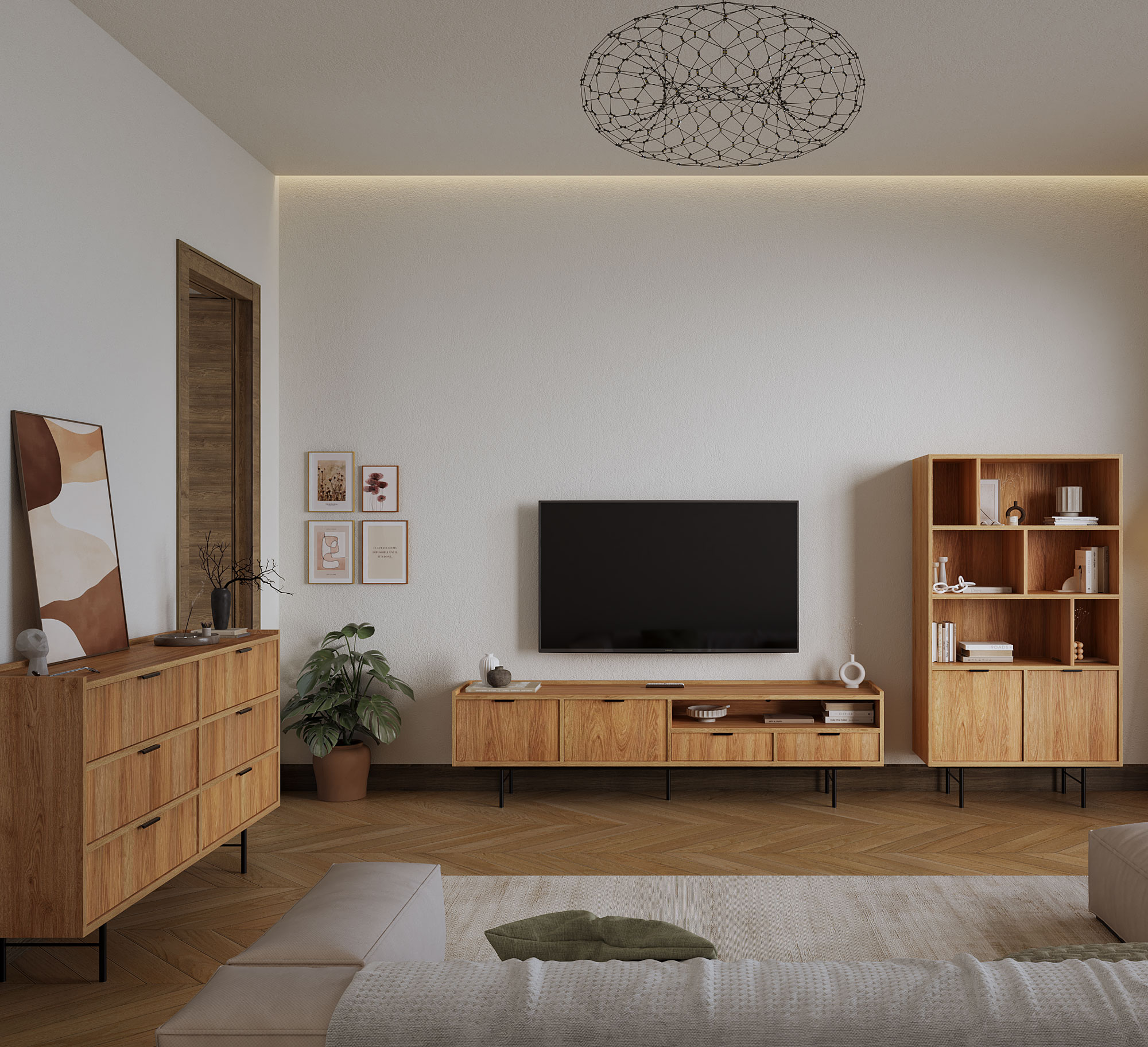 Salon z meblami z kolekcji Herioz hikora naturalna