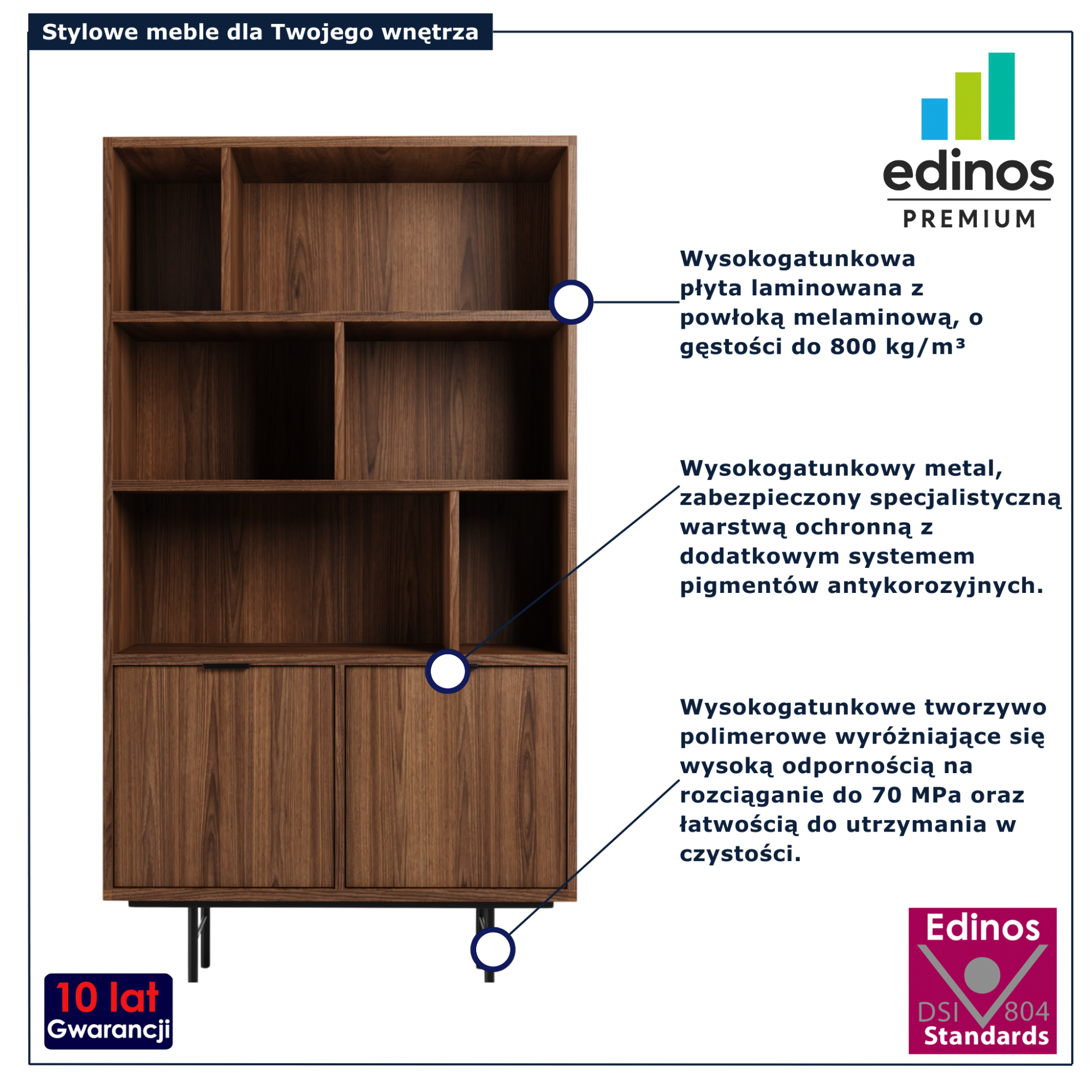 Industrialny regał na książki z szafką Herioz 10X orzech warmia