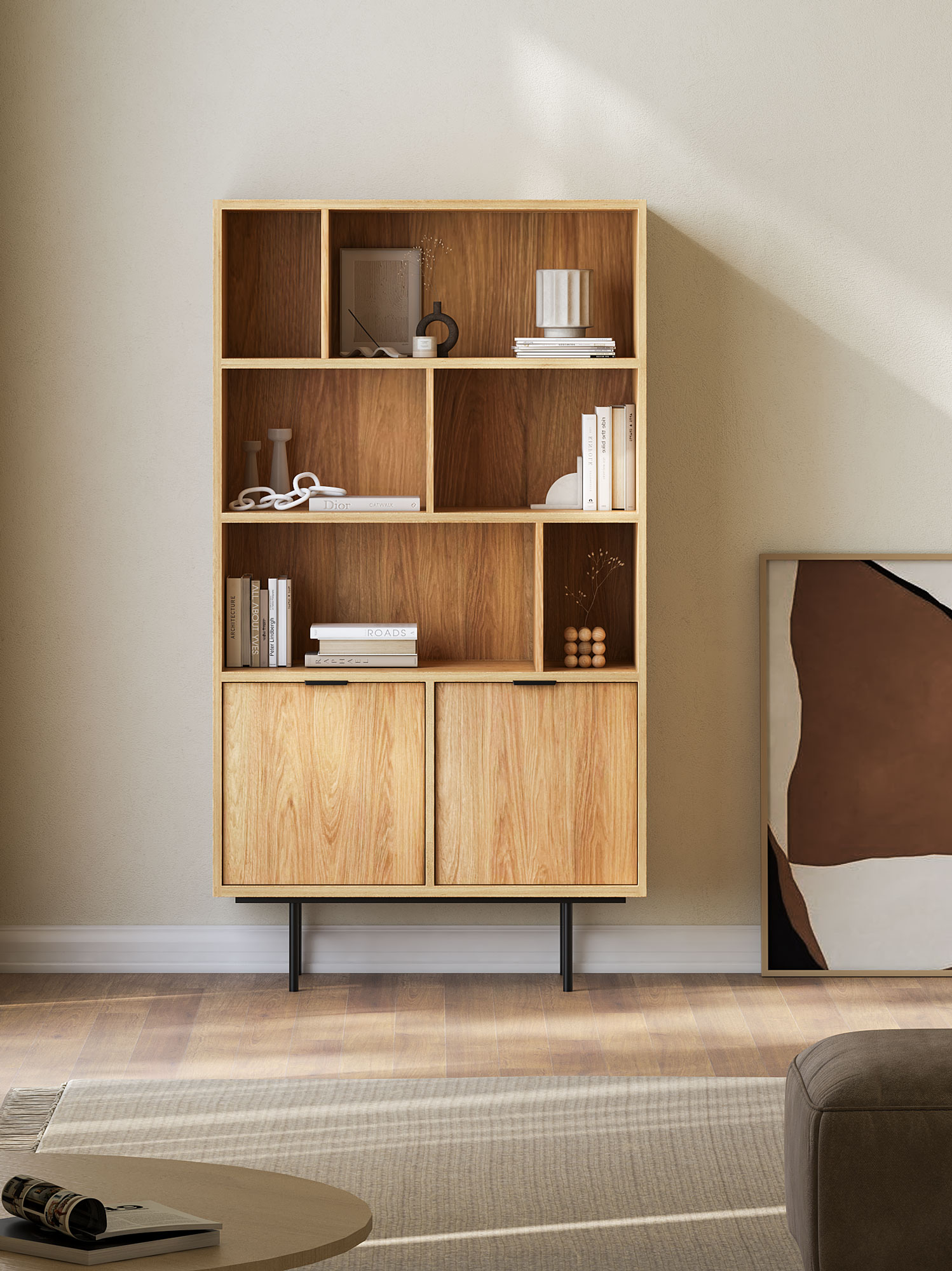 Aranżacja z wykorzystaniem regału Herioz 10X hikora naturalna