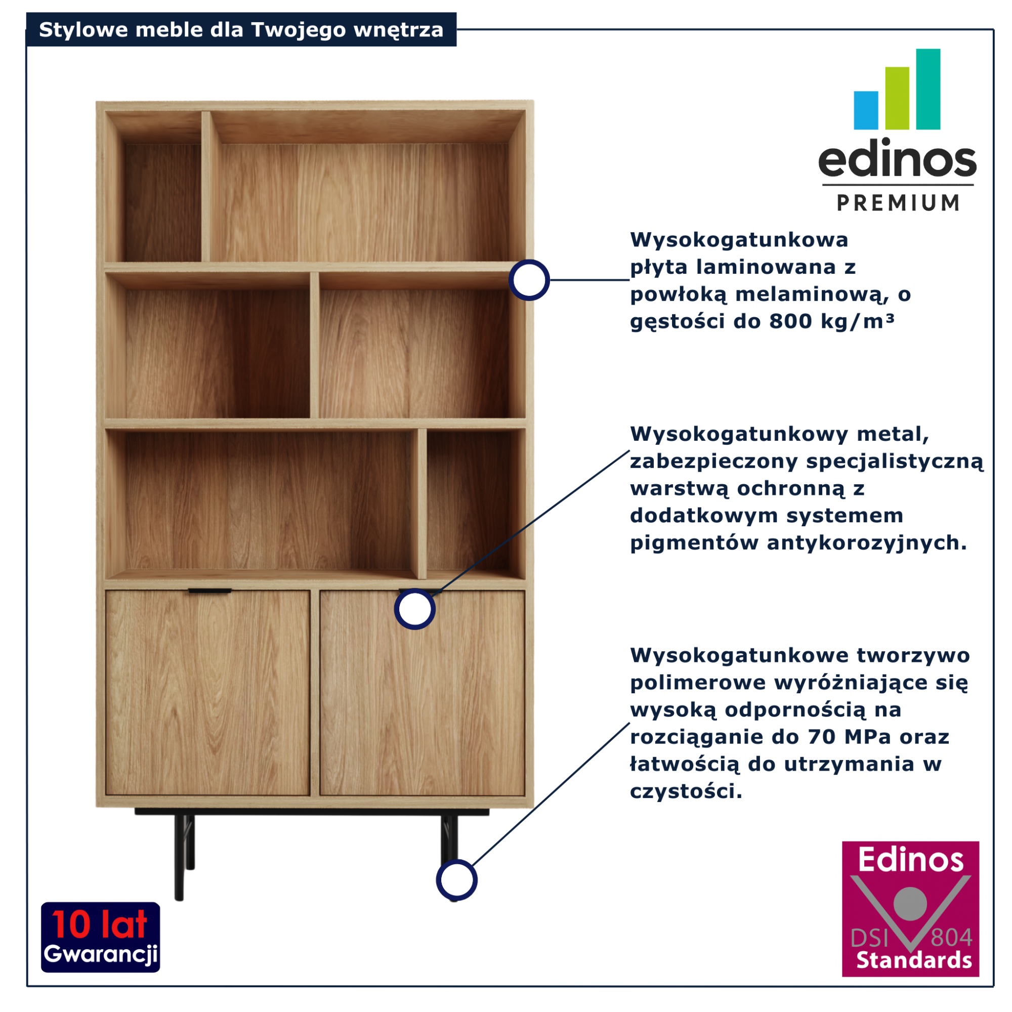 Industrialny regał na książki z szafką Herioz 10X hikora naturalna