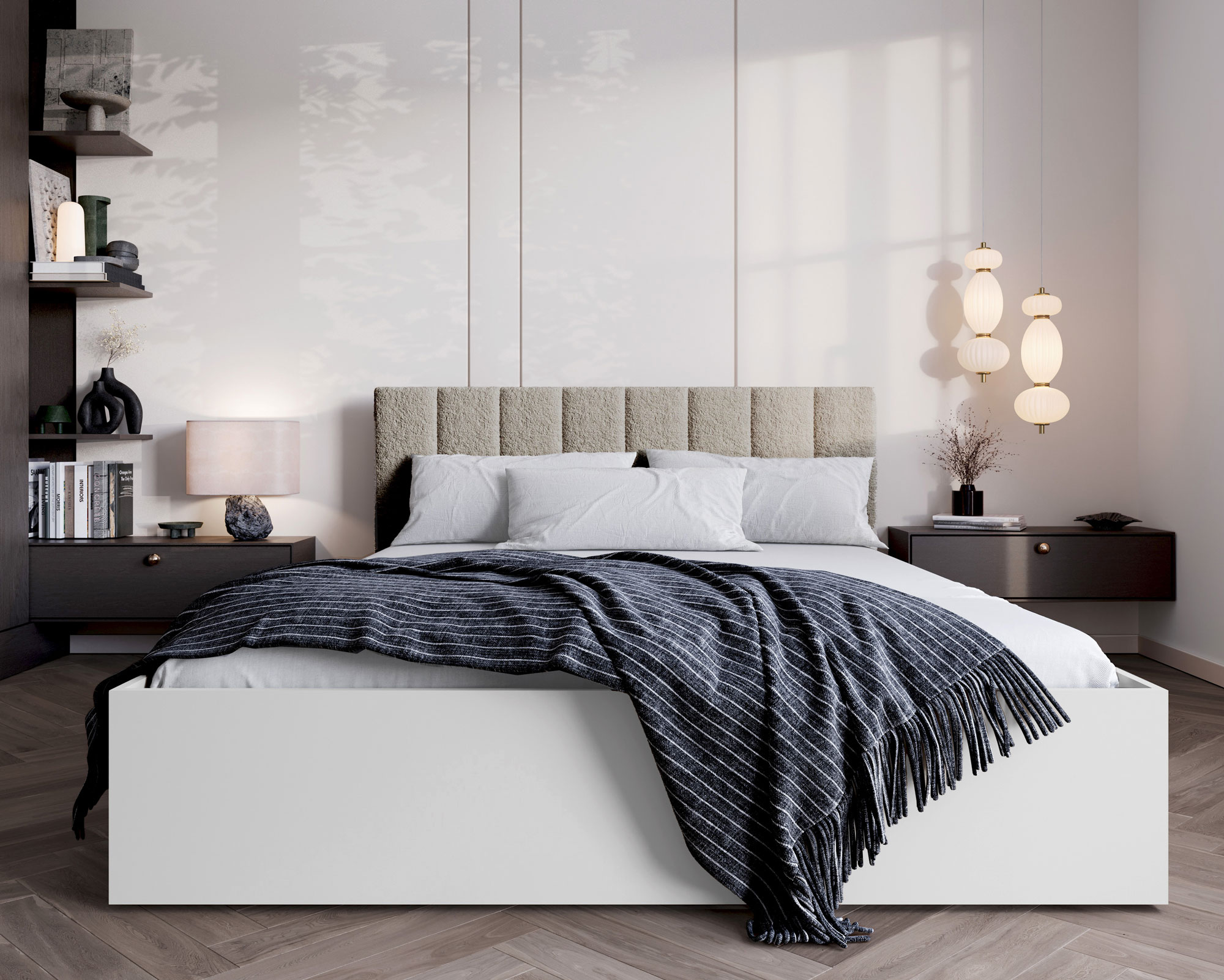 Sypialnia z białym łóżkiem z materacem i beżowym zagłówkiem Berigi 4X