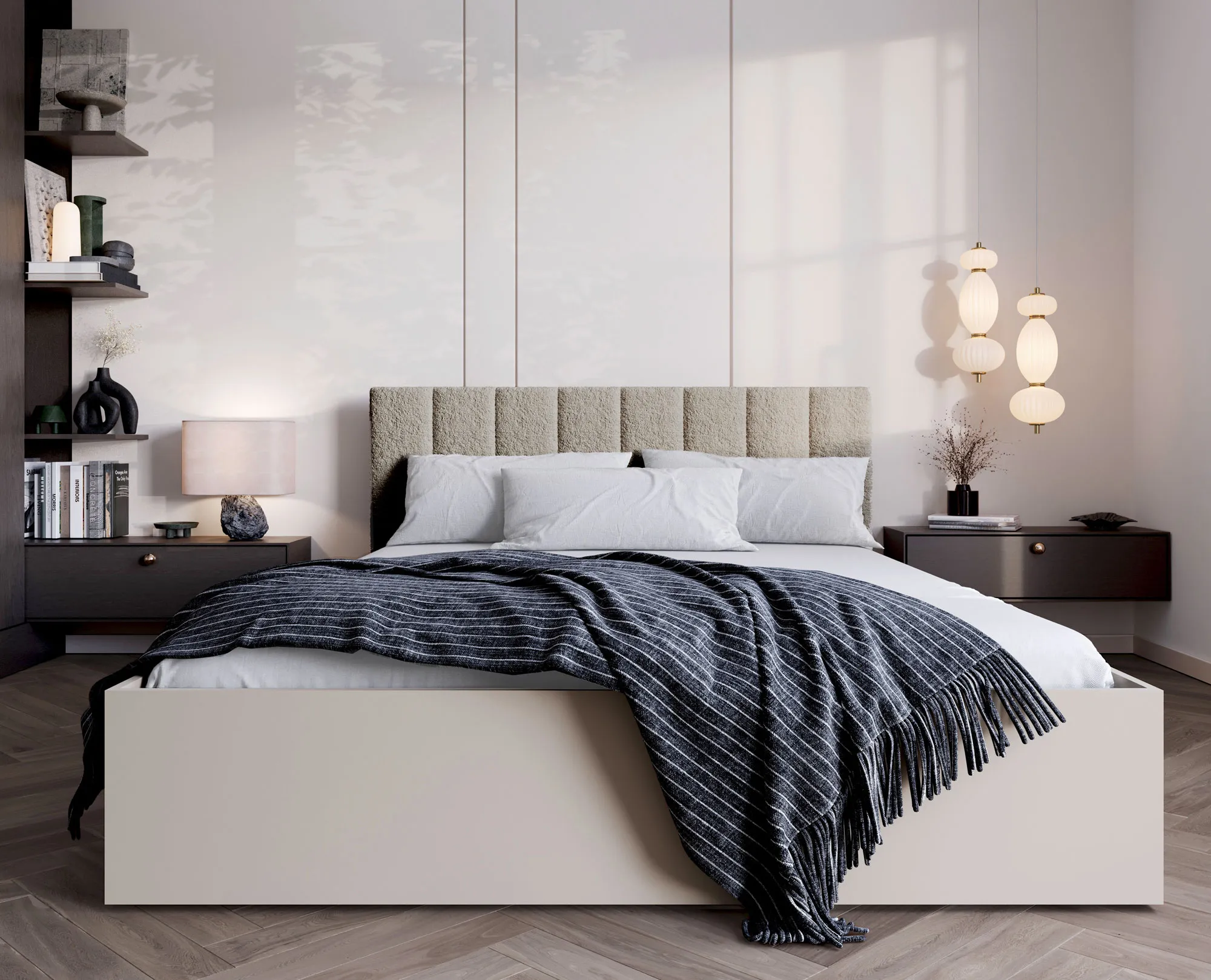 Sypialnia z wykorzystaniem kaszmirowego łóżka z materacem i zagłówkiem boucle Berigi 4X