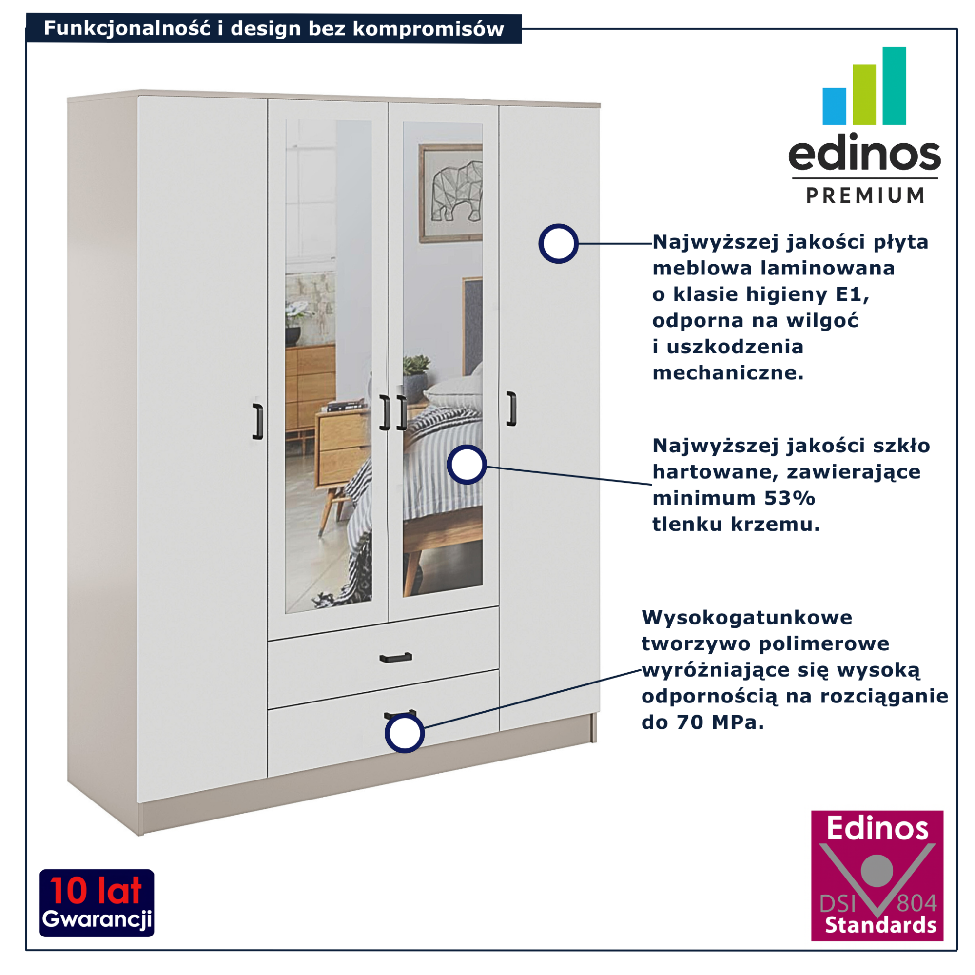 Szafa czterodrzwiowa z szufladami Orvexa kaszmir + biały