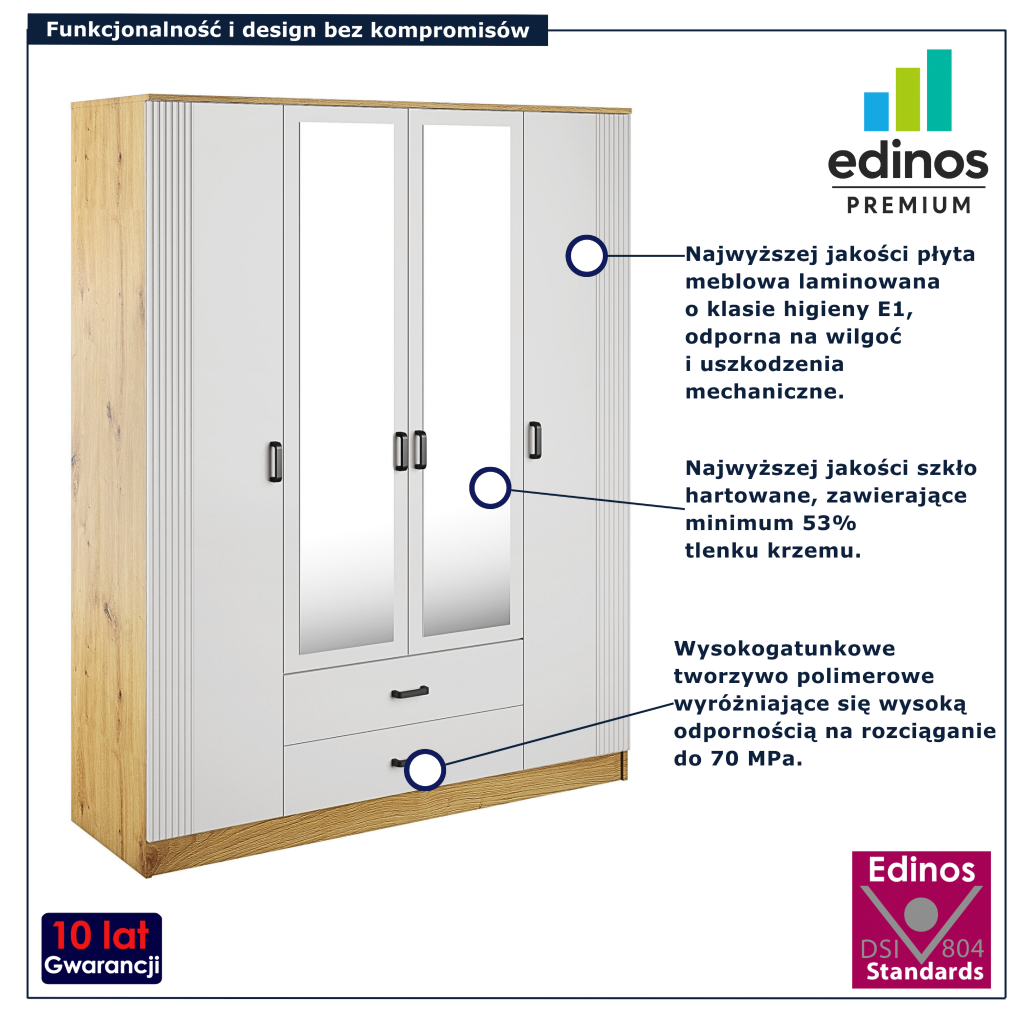 Szafa czterodrzwiowa z szufladami Veloros dąb artisan biały