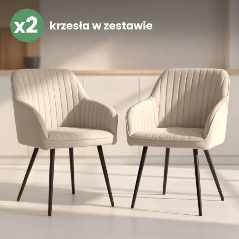 Szczegółowe zdjęcie nr 10 produktu 2x Welurowe krzesło tapicerowane z przeszyciami Beżowe FLORENCE Czarne nogi