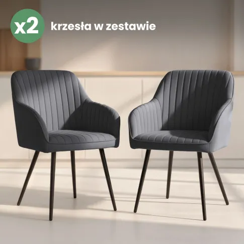 Szczegółowe zdjęcie nr 10 produktu 2x Welurowe krzesło tapicerowane z przeszyciami Ciemny Grafit FLORENCE Czarne nogi