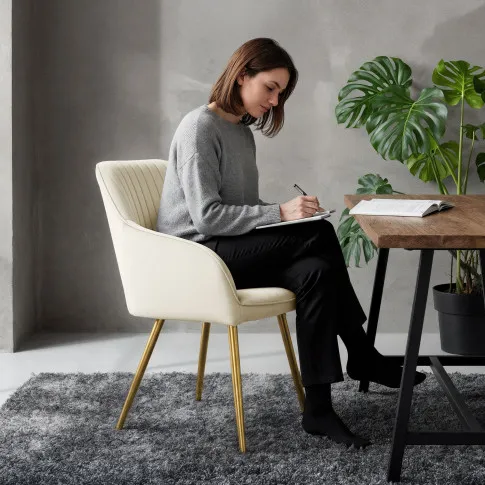 Szczegółowe zdjęcie nr 11 produktu 2x Welurowe krzesło tapicerowane z przeszyciami Kremowe FLORENCE Złote nogi