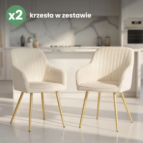 Szczegółowe zdjęcie nr 10 produktu 2x Welurowe krzesło tapicerowane z przeszyciami Kremowe FLORENCE Złote nogi