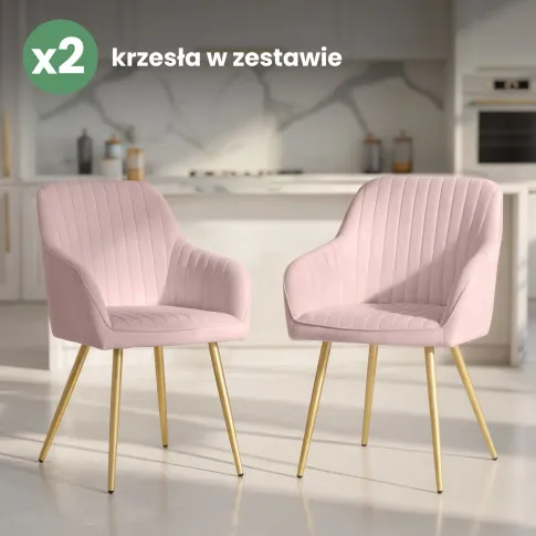 Szczegółowe zdjęcie nr 10 produktu 2x Welurowe krzesło tapicerowane z przeszyciami Pudrowy Róż FLORENCE Złote nogi