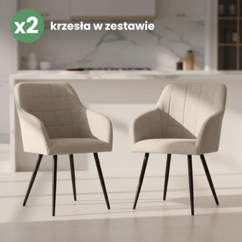 Szczegółowe zdjęcie nr 10 produktu 2x Krzesło tapicerowane z przeszyciami kwadratowymi Beżowe LUXANO Czarne nogi tkanina Lumos