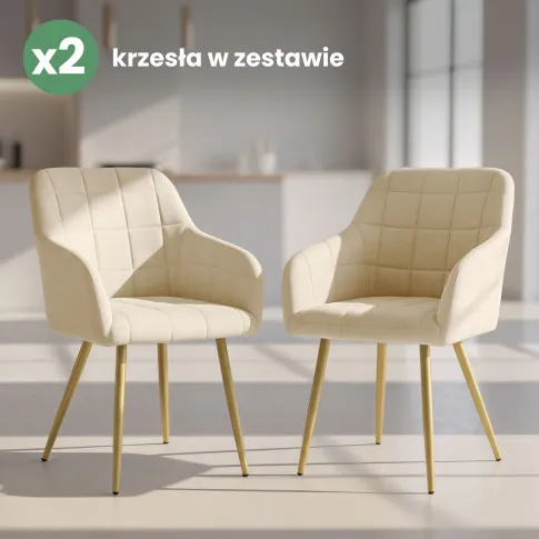 Szczegółowe zdjęcie nr 10 produktu 2x Krzesło tapicerowane z przeszyciami kwadratowymi Beżowe LUXANO Złote nogi