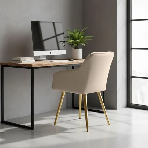 Szczegółowe zdjęcie nr 11 produktu 2x Krzesło tapicerowane z przeszyciami kwadratowymi Beżowe LUXANO Złote nogi