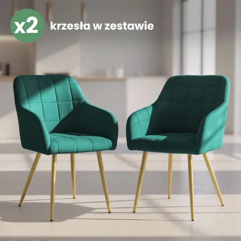 Szczegółowe zdjęcie nr 10 produktu 2x Krzesło tapicerowane z przeszyciami kwadratowymi Butelkowa Zieleń LUXANO Złote nogi