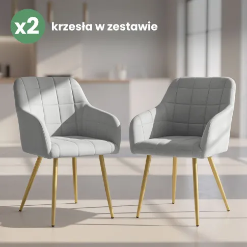 Szczegółowe zdjęcie nr 10 produktu 2x Krzesło tapicerowane z przeszyciami kwadratowymi Szare LUXANO Złote nogi
