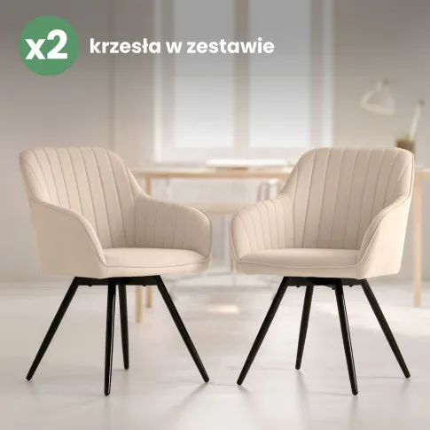 Szczegółowe zdjęcie nr 11 produktu 2x Welurowe krzesło obrotowe z przeszyciami Beżowe TURNO Czarne nogi