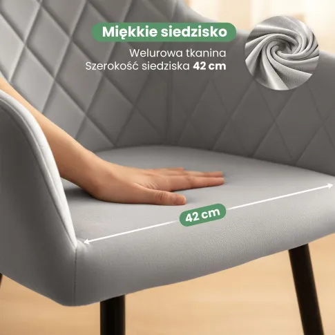 Szczegółowe zdjęcie nr 7 produktu 4x Welurowe krzesło tapicerowane pikowane w romby Szare VELTO Czarne nogi