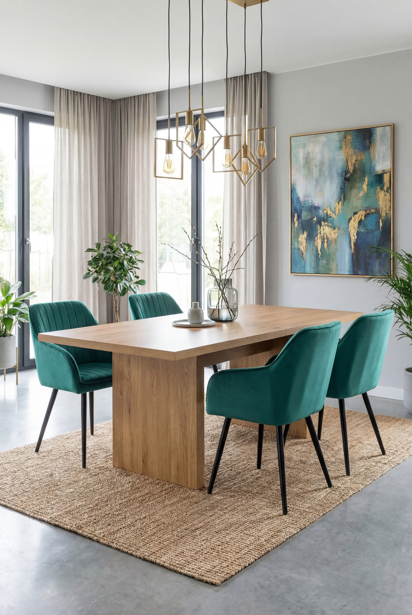 Aranżacja jadalni z zielonymi krzesłami Sorvello