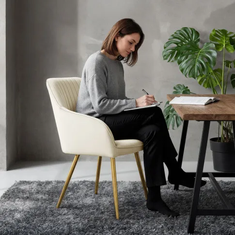 Szczegółowe zdjęcie nr 11 produktu 4x Welurowe krzesło tapicerowane z przeszyciami Kremowe FLORENCE Złote nogi