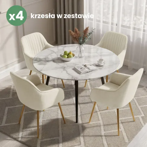 Szczegółowe zdjęcie nr 10 produktu 4x Welurowe krzesło tapicerowane z przeszyciami Kremowe FLORENCE Złote nogi