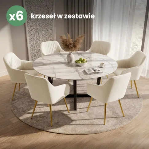 Szczegółowe zdjęcie nr 10 produktu 6x Welurowe krzesło tapicerowane z przeszyciami Kremowe FLORENCE Złote nogi