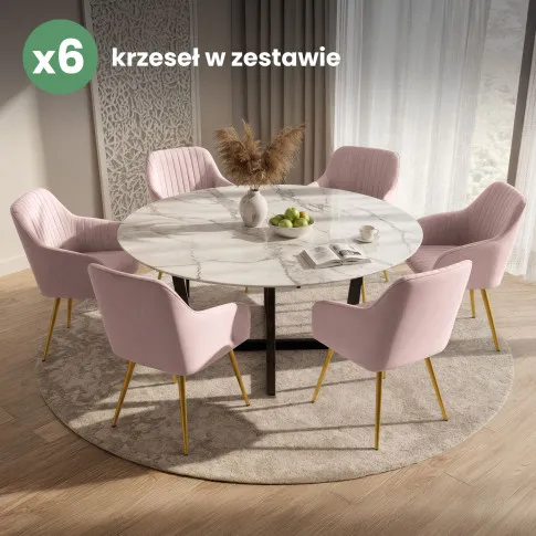 Szczegółowe zdjęcie nr 10 produktu 6x Welurowe krzesło tapicerowane z przeszyciami Pudrowy Róż FLORENCE Złote nogi