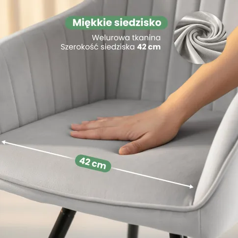 Szczegółowe zdjęcie nr 7 produktu 6x Welurowe krzesło obrotowe z przeszyciami Szare TURNO Czarne nogi