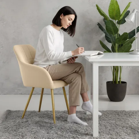 Szczegółowe zdjęcie nr 11 produktu 4x Krzesło tapicerowane z przeszyciami kwadratowymi Beżowe LUXANO Złote nogi