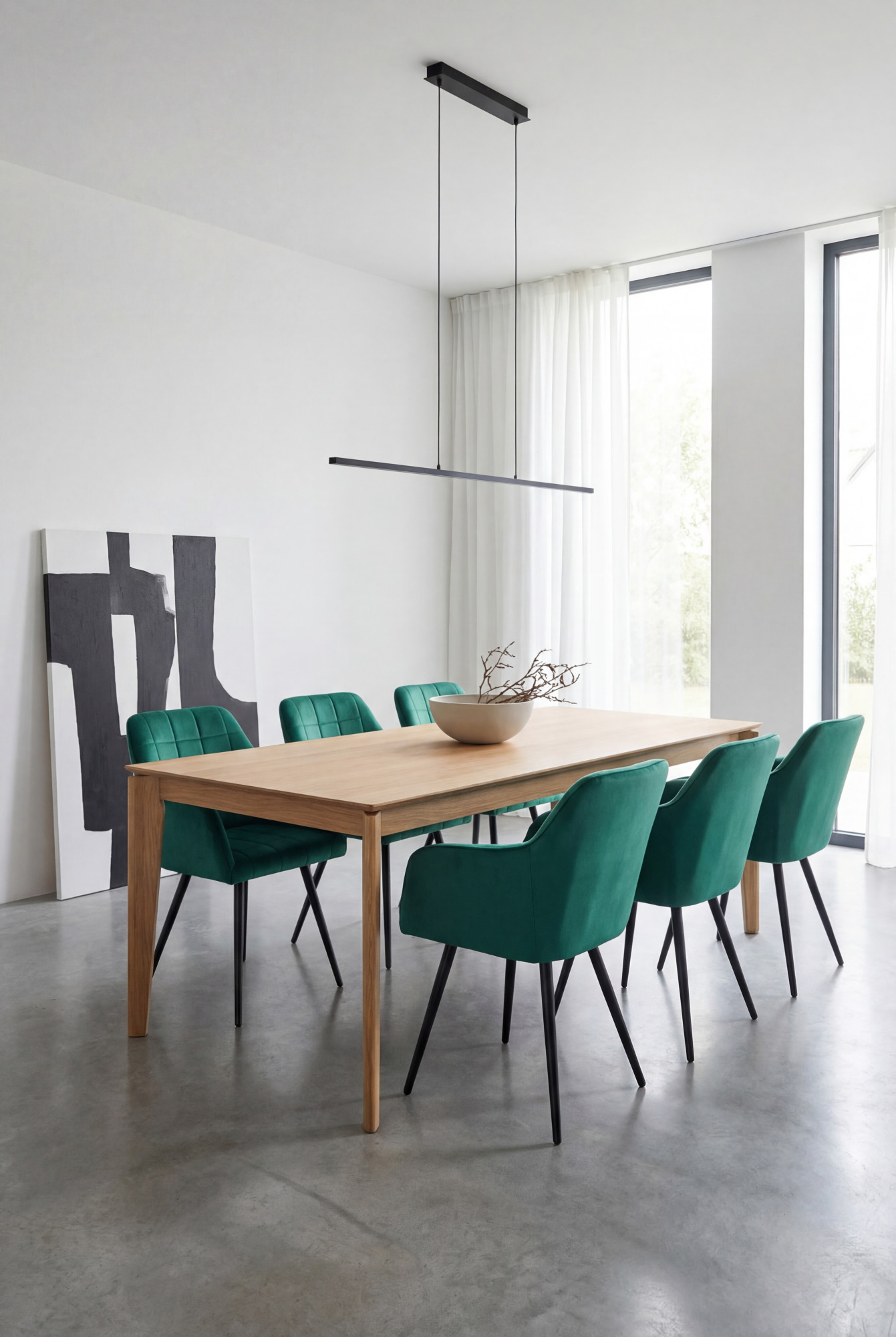 Aranżacja jadalni z zielonymi krzesłami Cormelis 4X