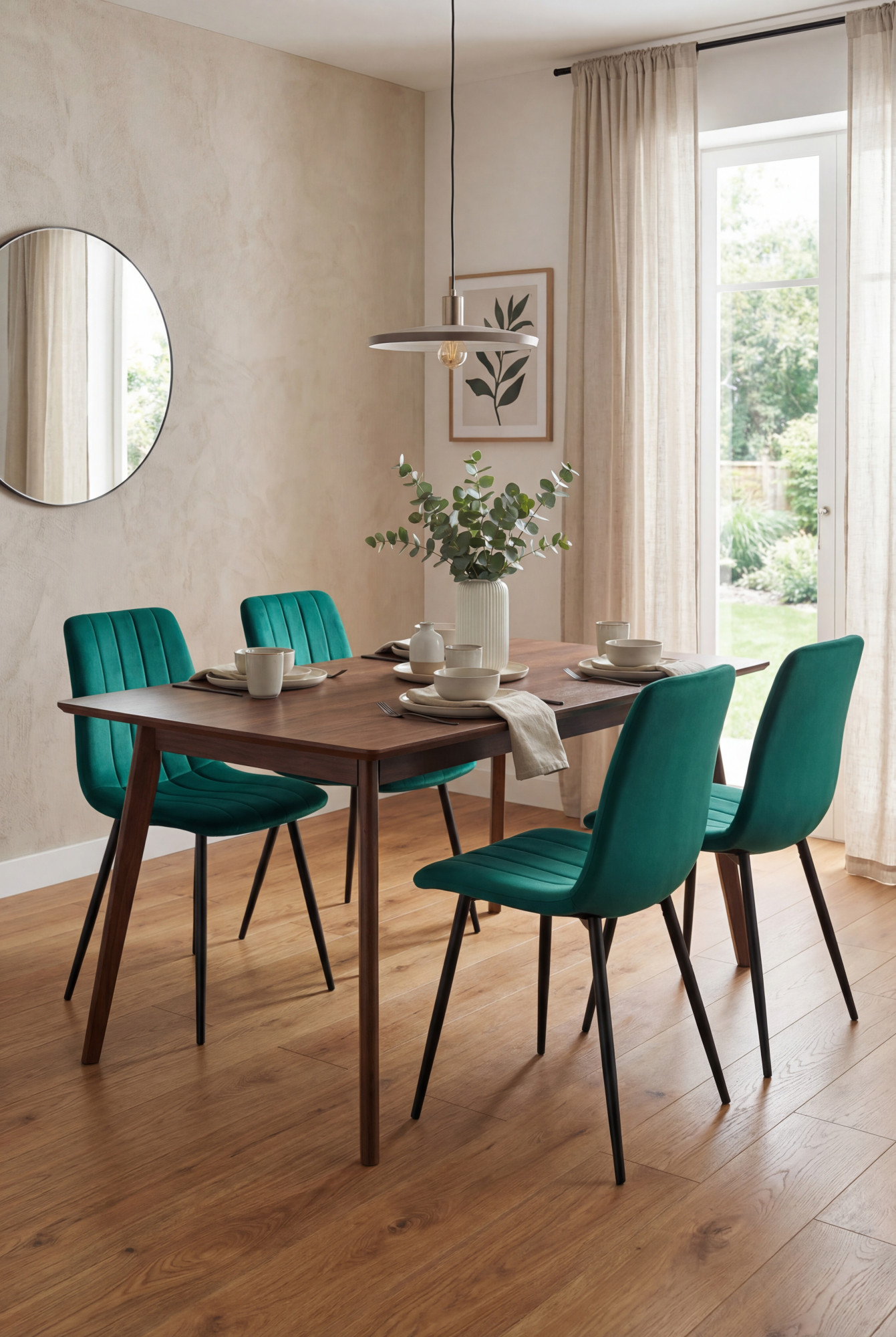 Aranżacja jadalni z zielonymi krzesłami Selvaro