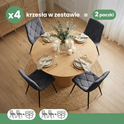 Szczegółowe zdjęcie nr 9 produktu 4x Welurowe krzesło tapicerowane pikowane Ciemny Grafit MILO Czarne nogi